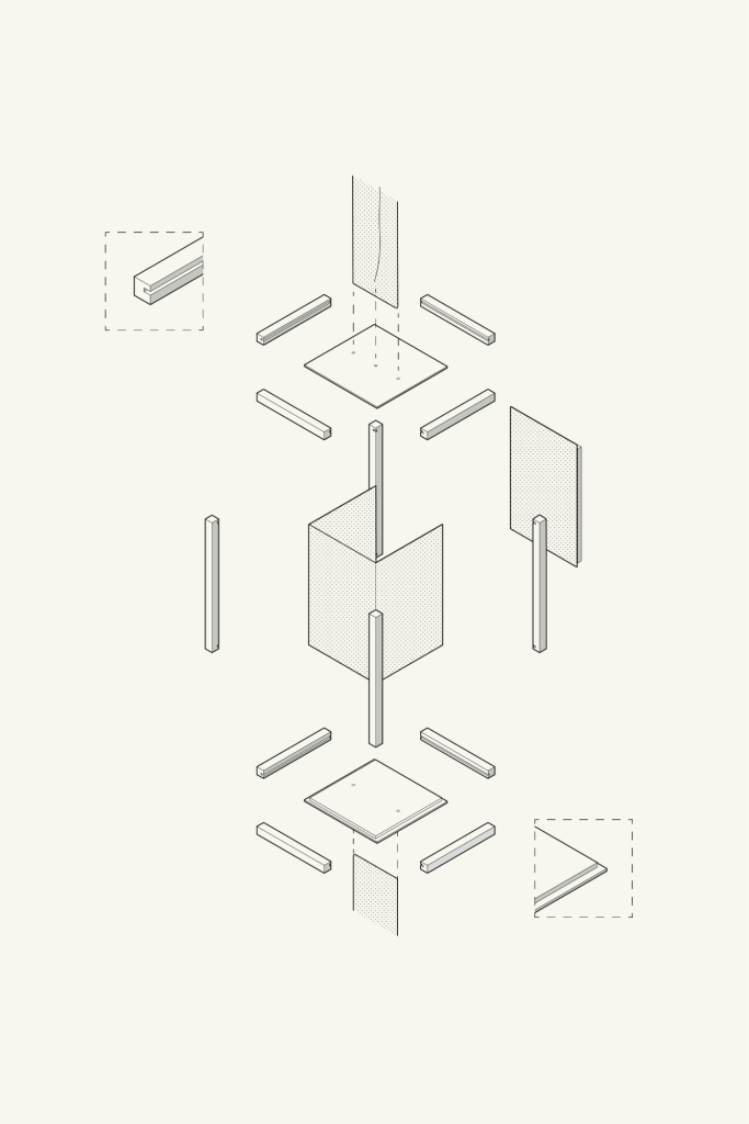 Dibujo técnico en perspectiva explotada mostrando los componentes del diseño de lámpara Raisu.