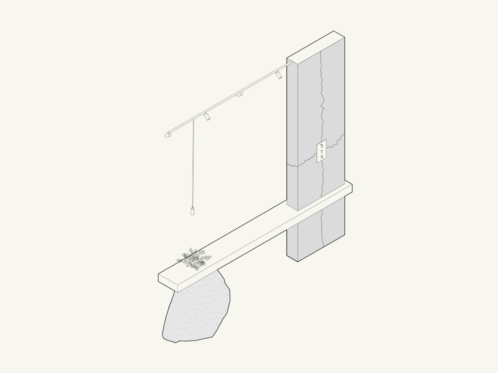 Axonometría conceptual del banco de espera de Raisu, que combina cemento, madera, vegetación y piedra como base estructural, representando el equilibrio entre lo natural y lo construido.