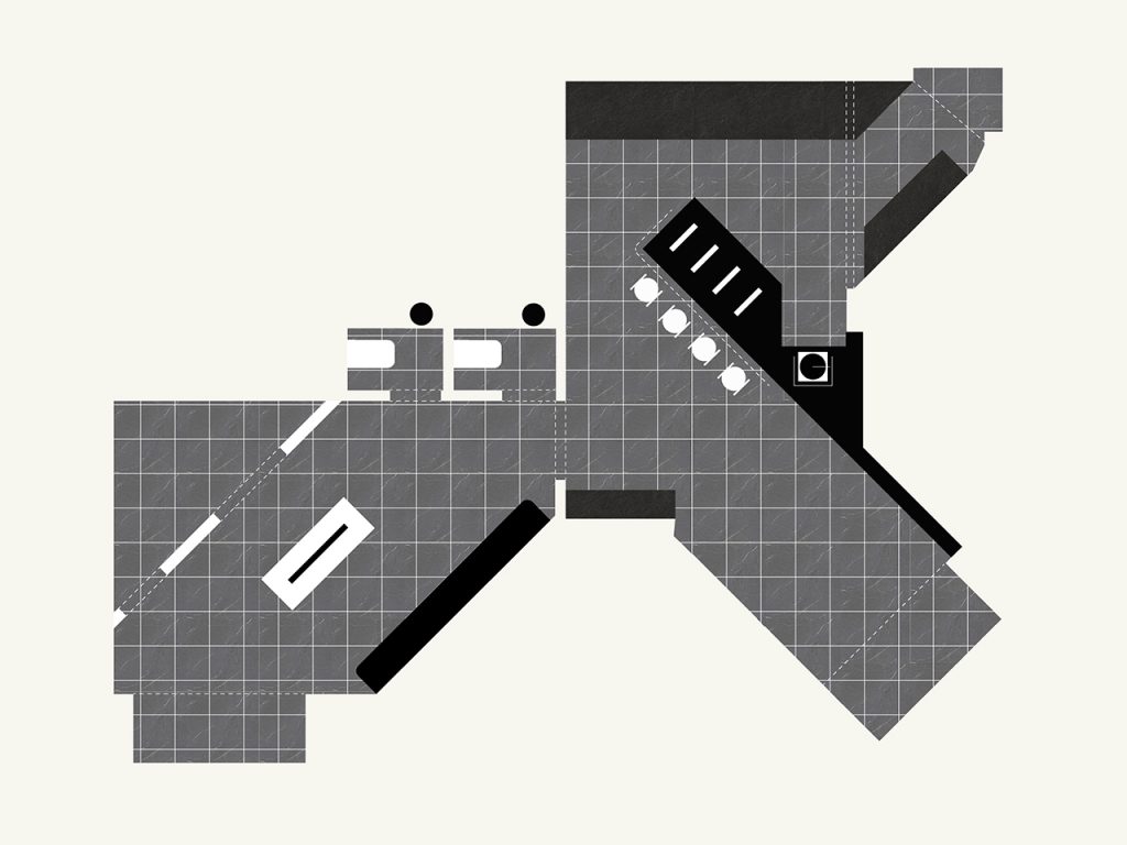 Dibujo esquemático en blanco, negro y gris de la planta interior del bar Tresca. Se destacan las áreas de circulación, la barra con banquetas, cocina y zona de mesas. El diseño utiliza líneas y bloques para marcar funciones y relaciones espaciales.